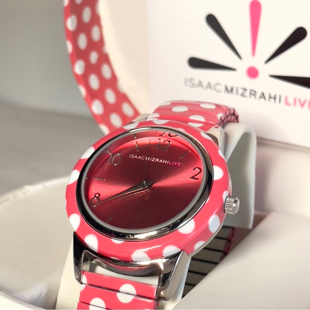 Isaac Mizrahi Tropical Pink & White Stainless Steel Polka Dot Expansion Watch